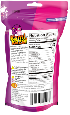 KAMIKAZE CANDY SHOTS | GRAPE/WATERMELON HARD BOILED CANDY FILLED W/ CHEWING GUM