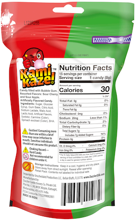 KAMIKAZE CANDY SHOTS | SOUR CHERRY APPLE HARD BOILED CANDY LOLLIPOP WITH CHEWING GUM FILLING
