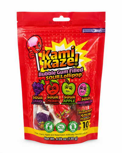 Kamikaze Pops sour bubble gum filled lollipops bag