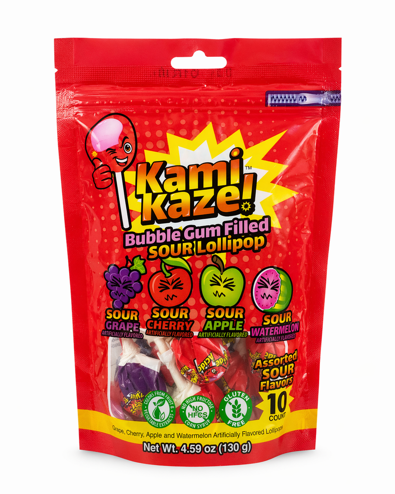 Kamikaze Pops sour bubble gum filled lollipops bag