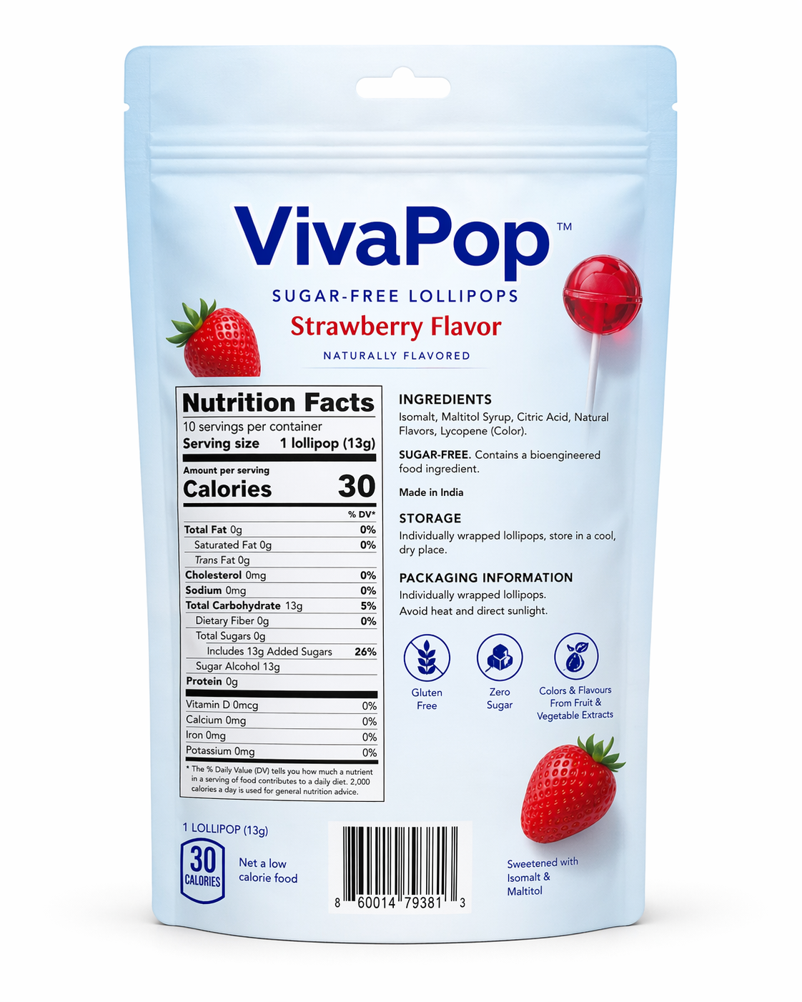 VivaPop Sugar-Free Strawberry Lollipops — 10 Count