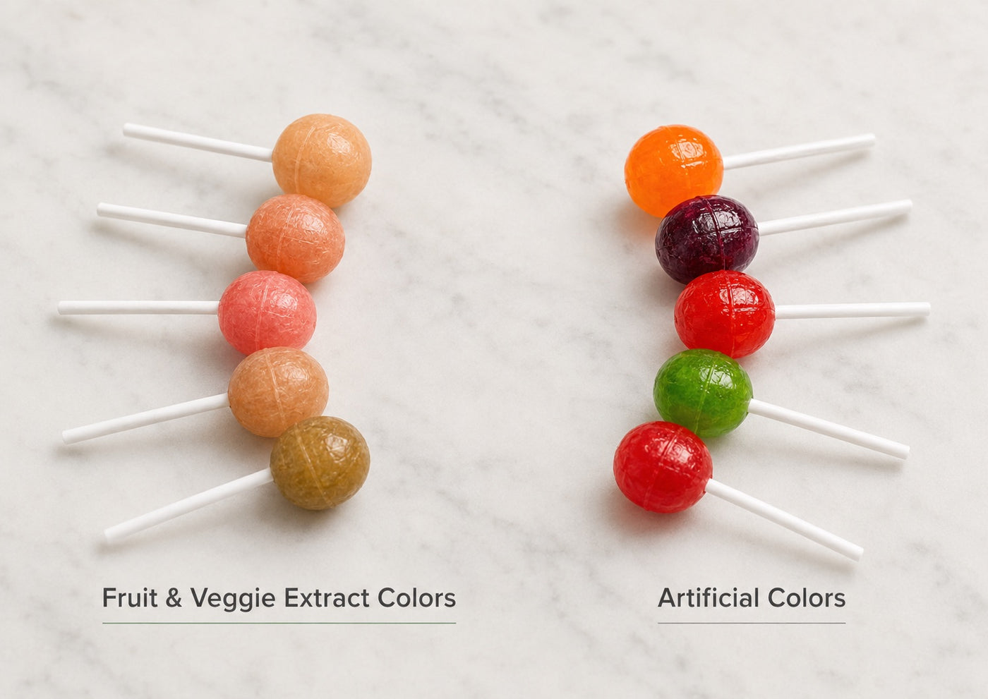 Side-by-side comparison: lollipops colored with fruit and vegetable extracts versus lollipops colored with artificial dyes