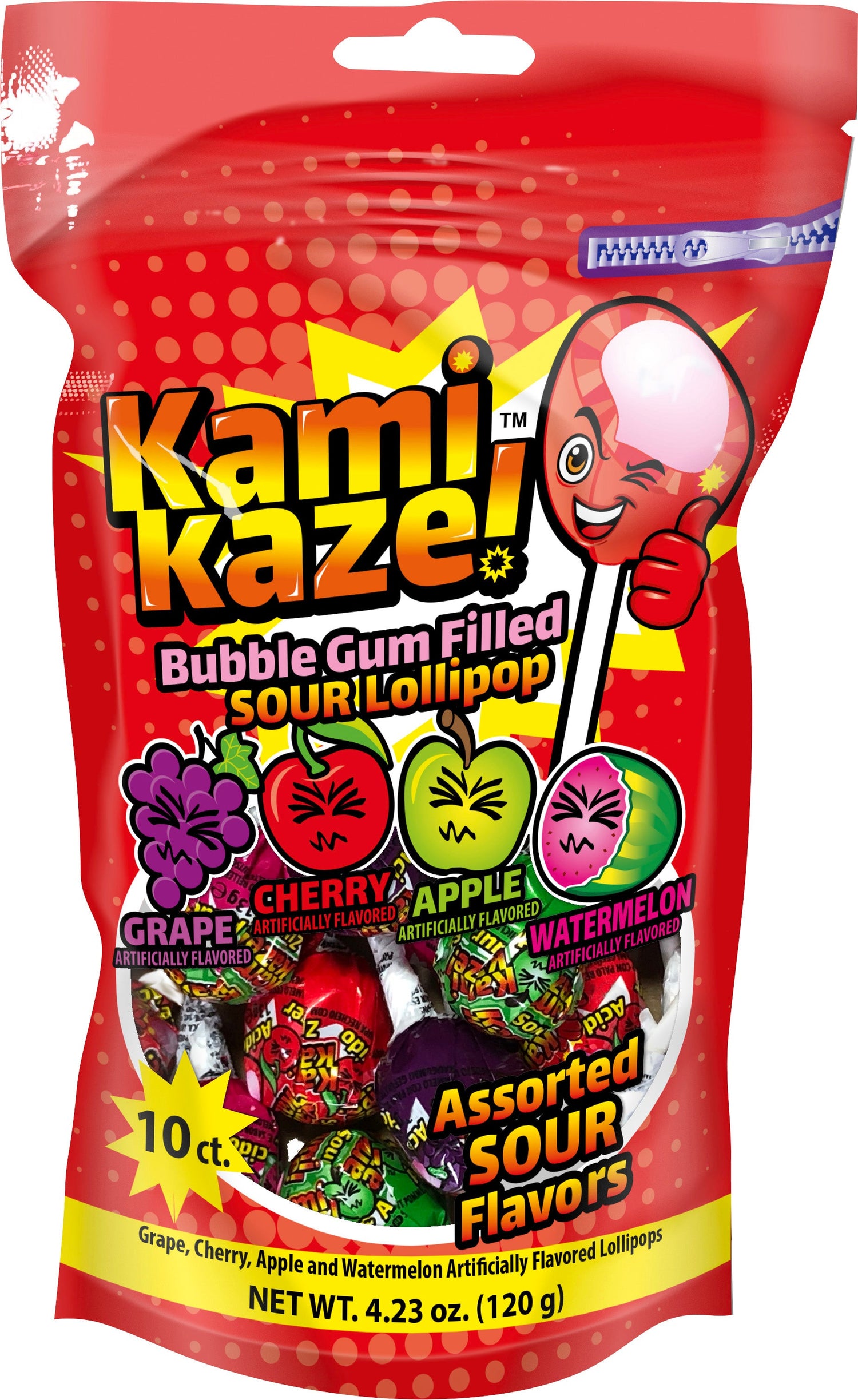 Kamikaze bubble gum filled sour lollipops in grape, cherry, apple, watermelon flavors, 10 count pack