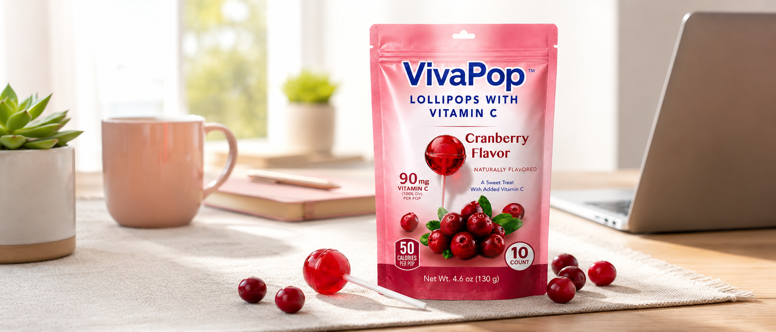 VivaPop vitamin C lollipops immunity support snacks, cranberry flavor daily vitamin C candy