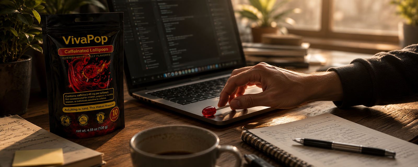 VivaPop clean energy desk snacks, coffee alternative for morning energy at a desk