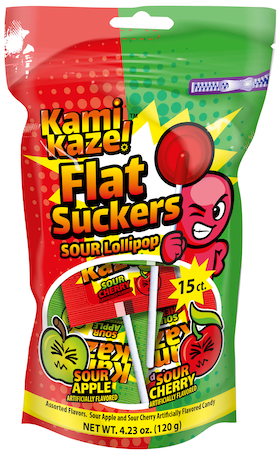 KAMIKAZE FLAT SUCKERS | CHERRY/APPLE HARD BOILED CANDY FLAT LOLLIPOP