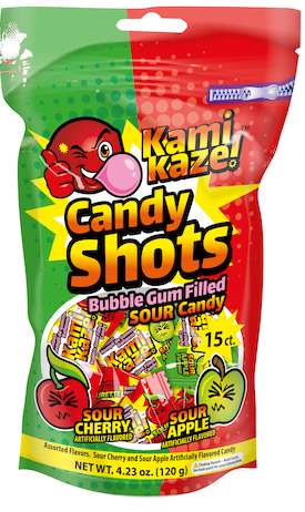 KAMIKAZE CANDY SHOTS | SOUR CHERRY APPLE HARD BOILED CANDY LOLLIPOP WITH CHEWING GUM FILLING