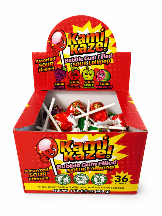 KamiKaze! Bubble Gum Filled Sour Lollipop – Assorted Sour Flavors, 36 Count