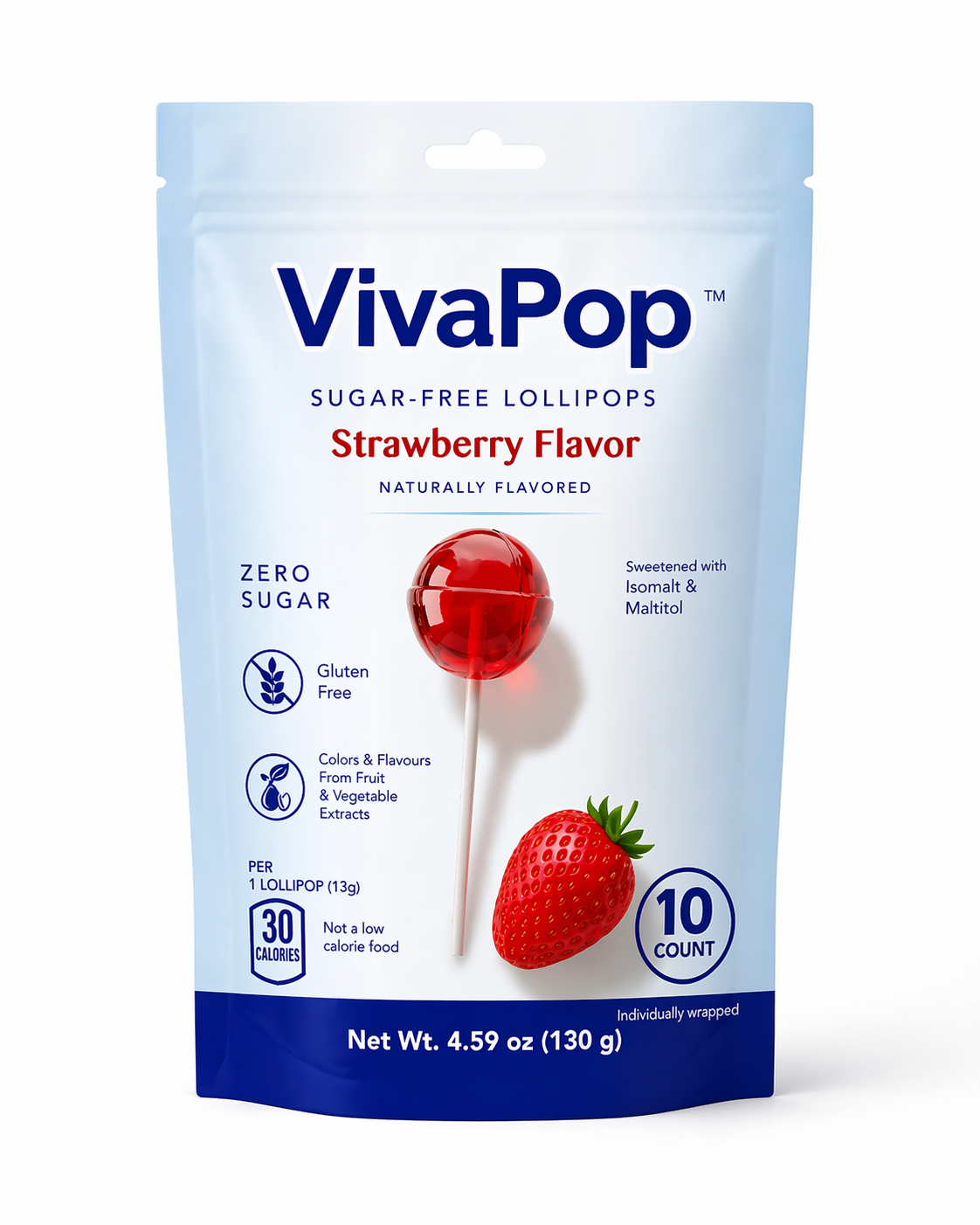 VivaPop sugar-free lollipop package with strawberry flavor 