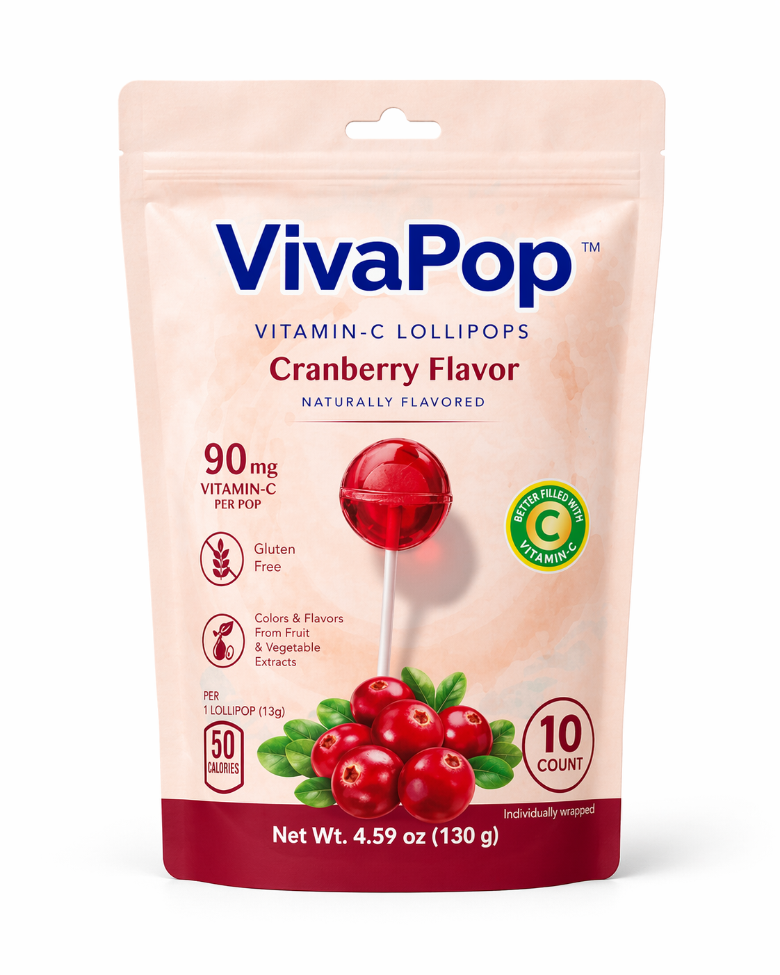 VivaPop Vitamin-C Lollipops Cranberry Flavor packaging 