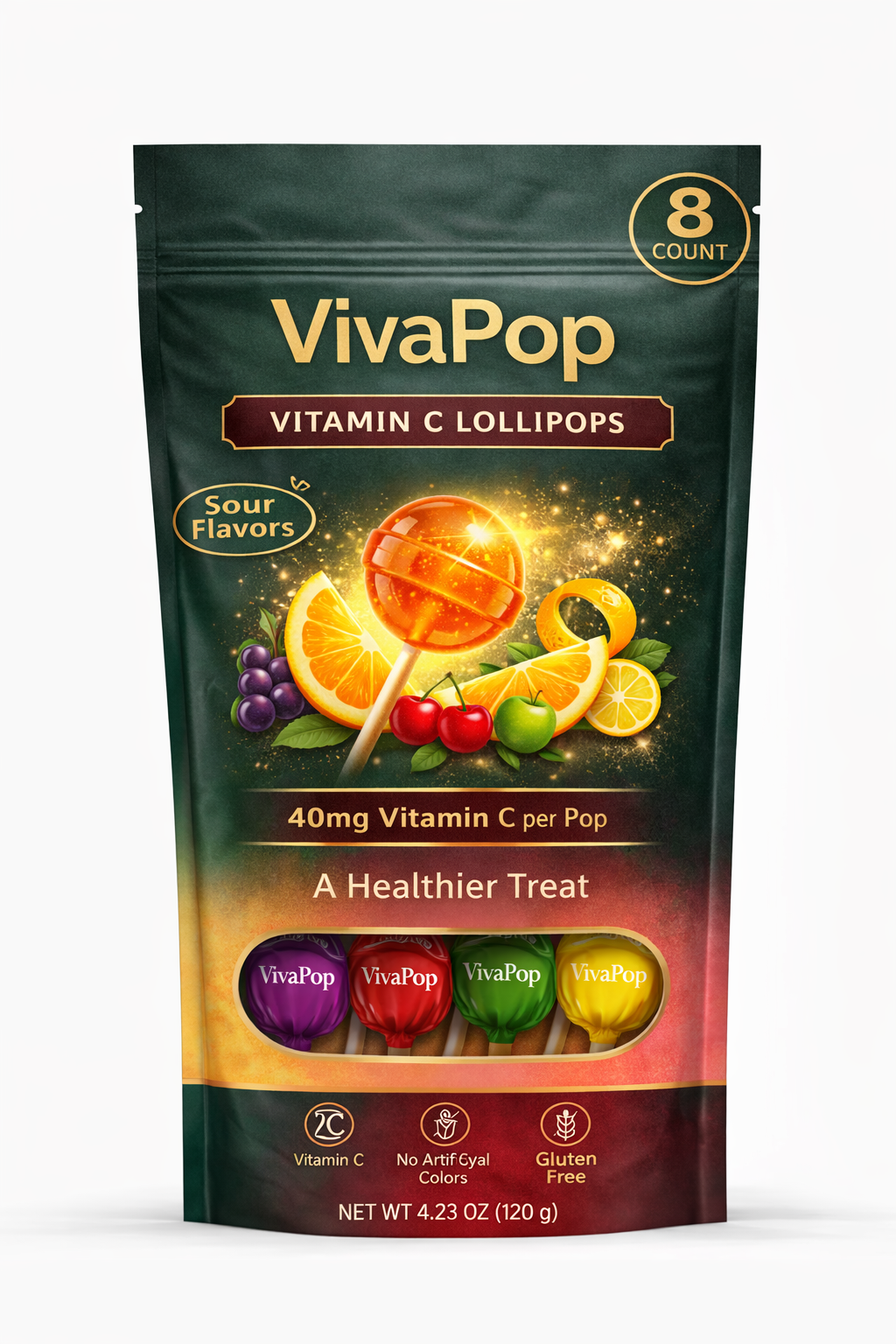 VivaPop Vitamin C lollipops pack with 8 count in assorted sour flavors, 40mg vitamin C each, gluten-free