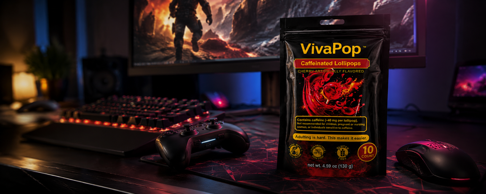 VivaPop gamer energy snacks with no sticky fingers, caffeine and l-theanine focus candy