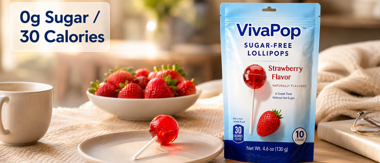 VivaPop sugar free candy no aspartame displayed on a kitchen counter