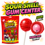 Kamikaze sour lollipop cut open to show the bubble gum center