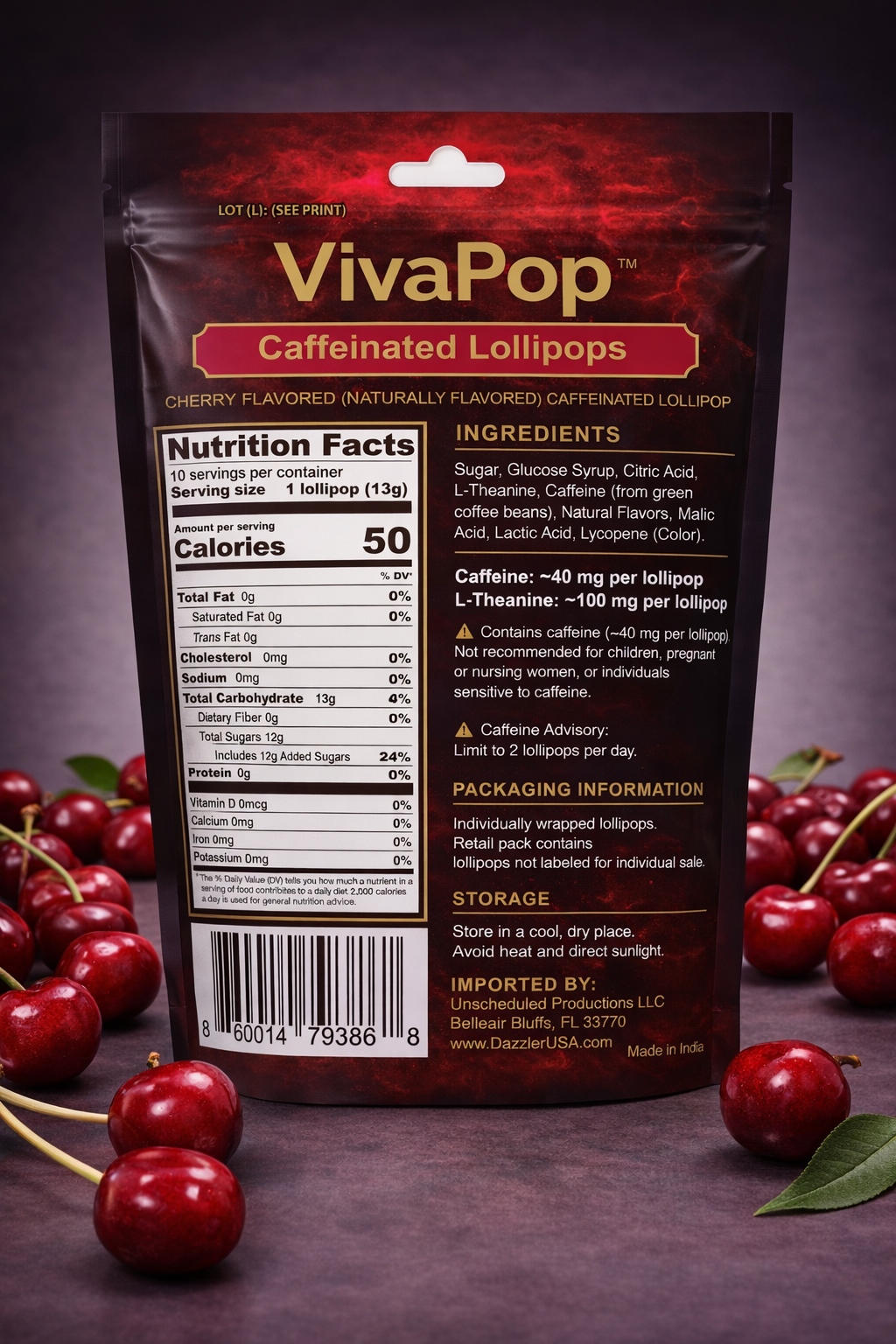VivaPop caffeinated lollipop back label showing nutrition facts, ingredients, and caffeine advisory