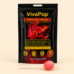 VivaPop caffeinated cherry lollipops bag with an unwrapped lollipop — no artificial colors