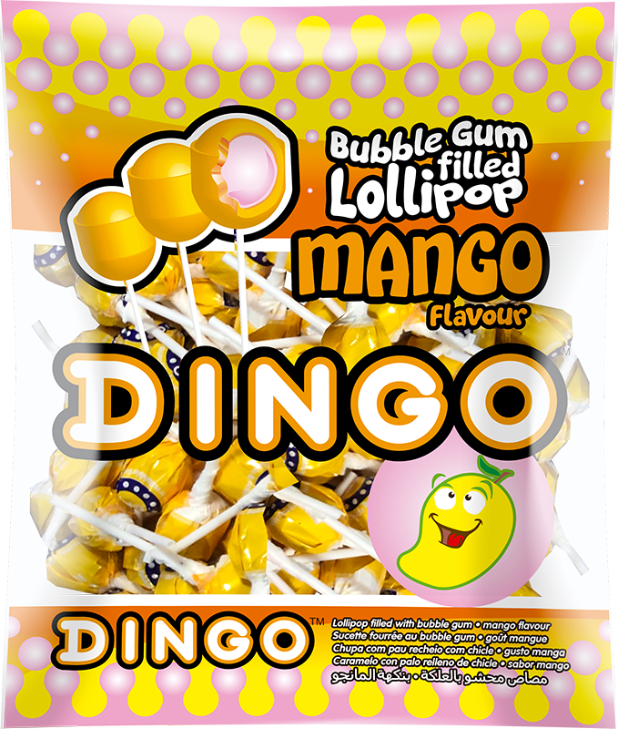 Dingo mango bubble-gum-filled lollipops