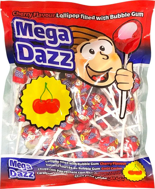 Mega Dazz cherry bubble-gum-filled lollipops